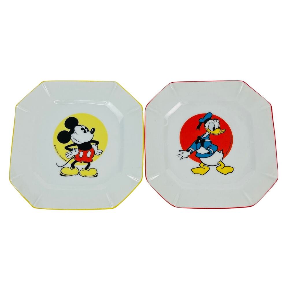 Vintage Donald Duck and Mickey Mouse Walt Disney Octagonal Square Plates 7.5”